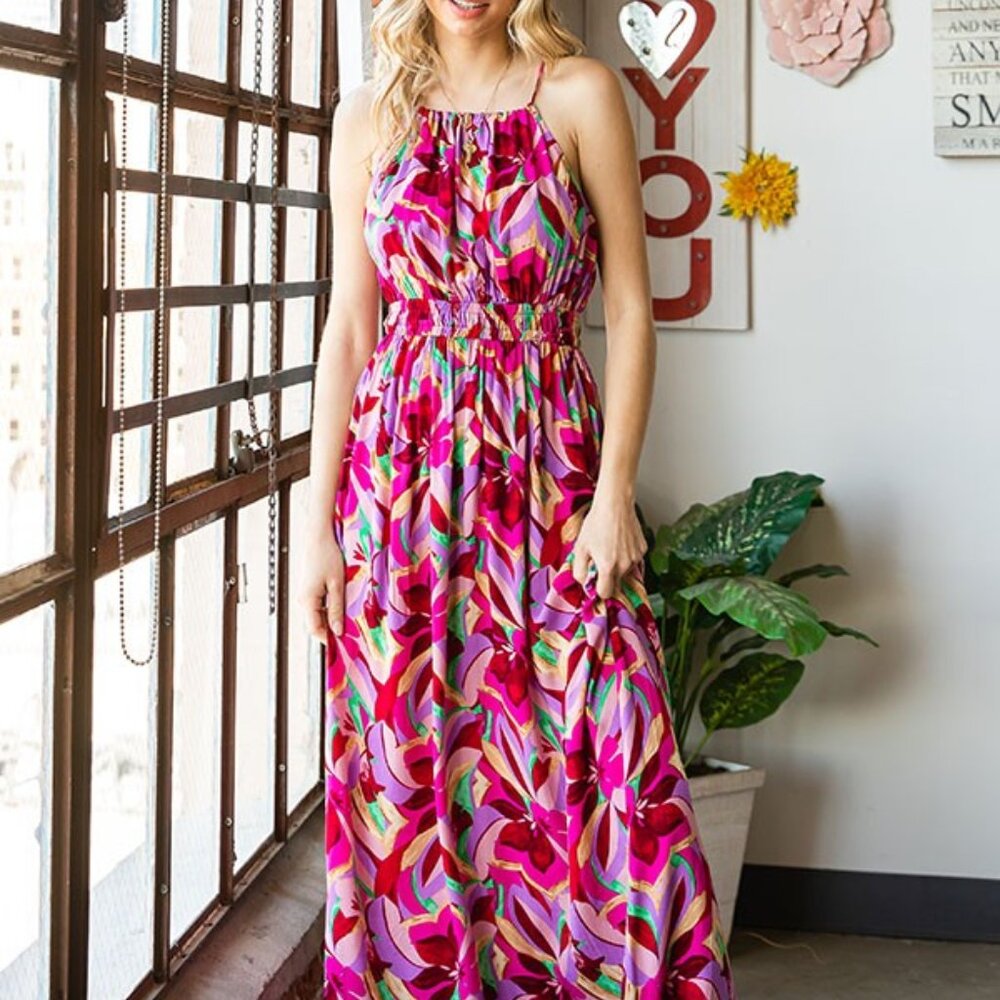 Magenta Floral Print Tie-Back Halter Maxi Dress